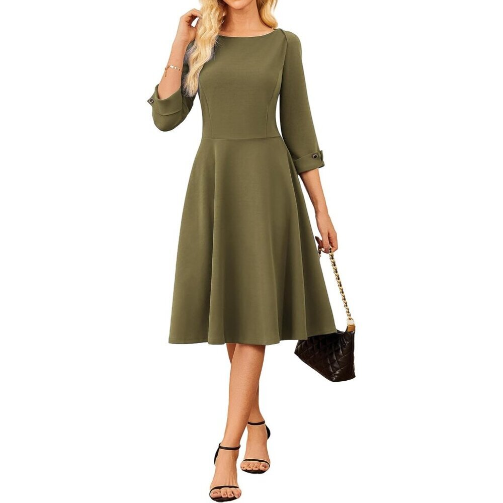 Grace Karin Women Amy Green 3/4 Sleeve Fit and Flare Classy Dress with Pockets